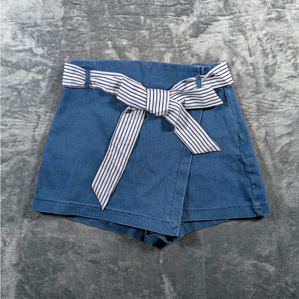 Altar'd State Women Chambray Faux Wrap Tie Waist Skort Size M Blue Nautical Boho